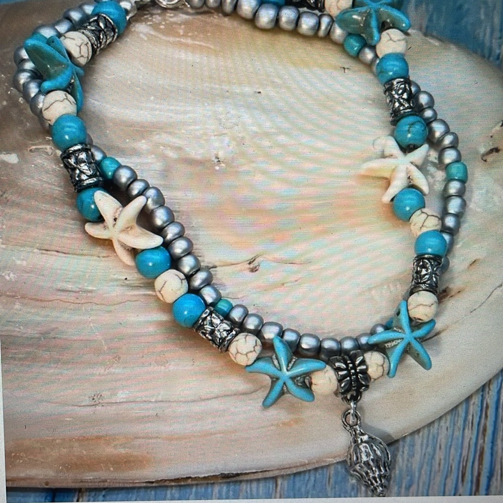 Beaded Anklet with Starfish and Conch Shell